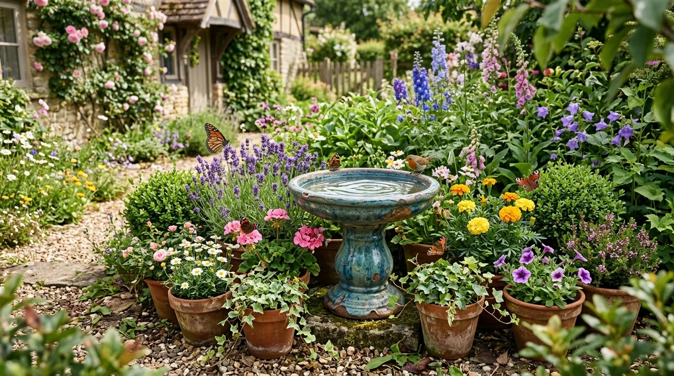 Ceramic Bird Bath With Potted Plants